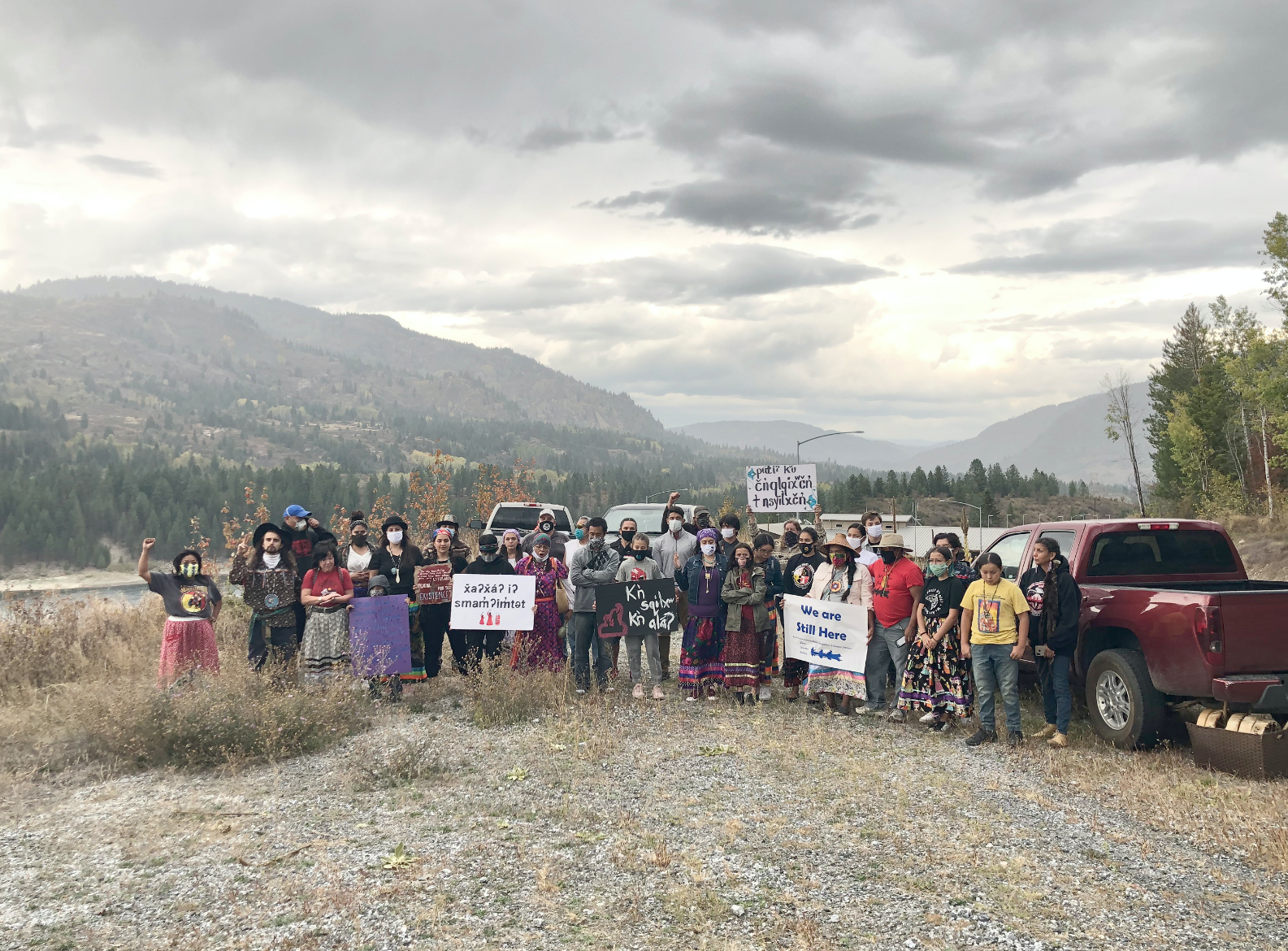 Sinixt descendents gathered at the Waneta border crossing near Northport.